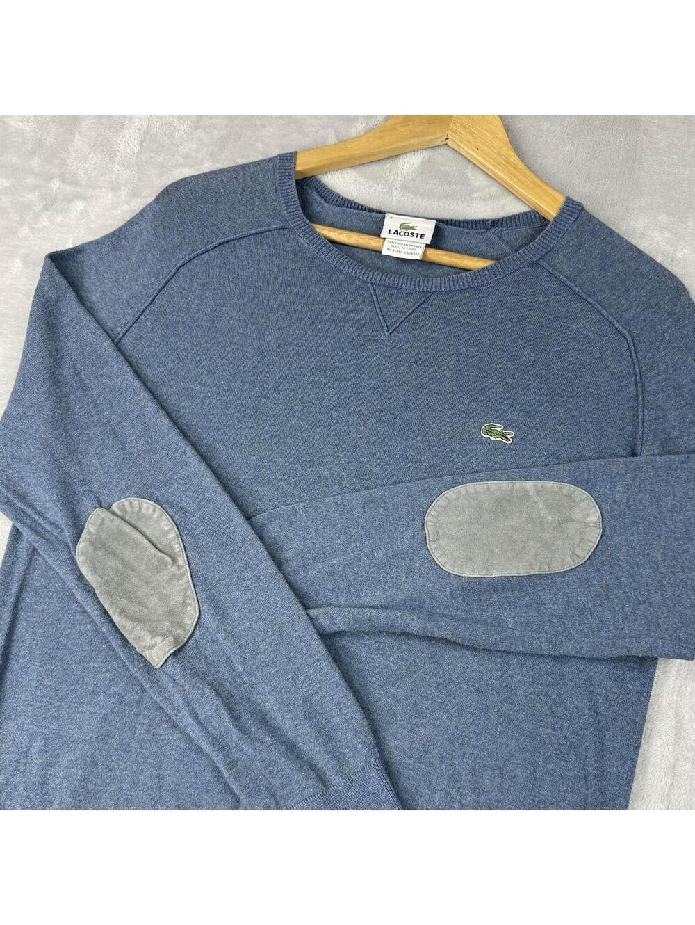 Lacoste Crewneck Sweater Blue Elbow Patch Cotton Cashmere Blend Men Sz 4 Preppy